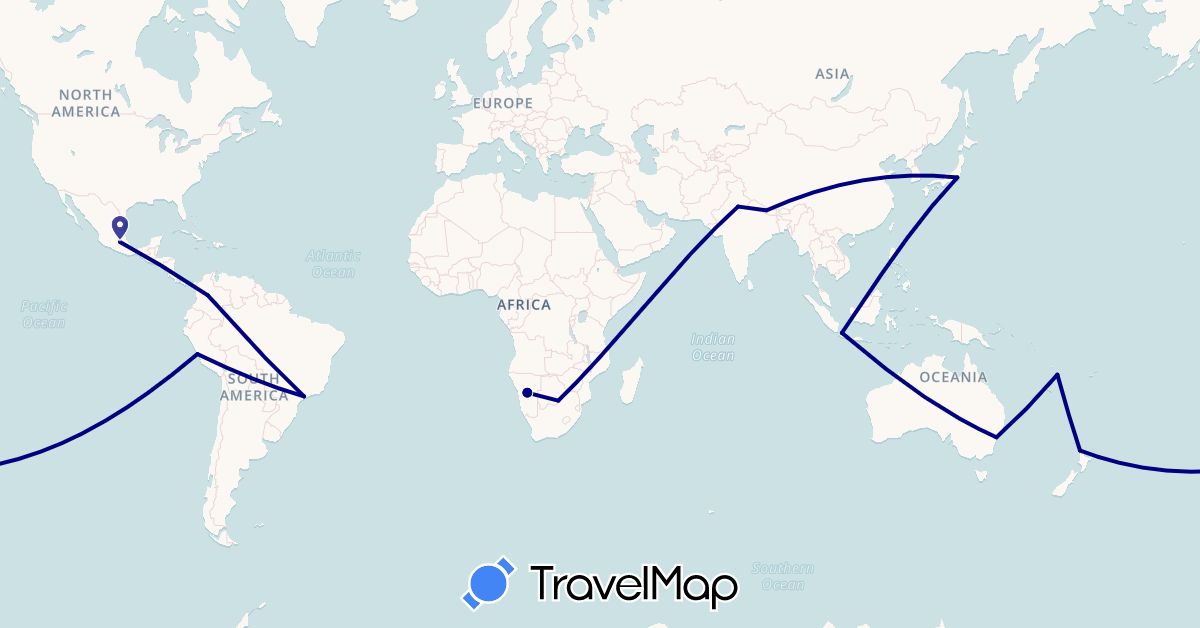 TravelMap itinerary: driving in Australia, Brazil, Botswana, Colombia, Indonesia, India, Japan, Mexico, Namibia, Nepal, New Zealand, Peru, Vanuatu (Africa, Asia, North America, Oceania, South America)